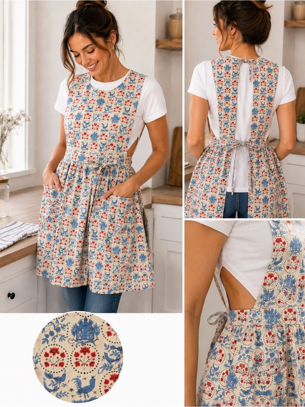 Hand made rooster motif Floral Patchwork Tie-Back apron XS, S, M